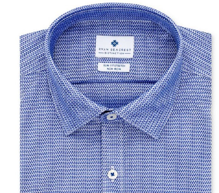 Ryan Seacrest Distinction Men's Ultimate Slim Fit Non Iron Performance Stretch Pattern Dress Shirt Blue Size L