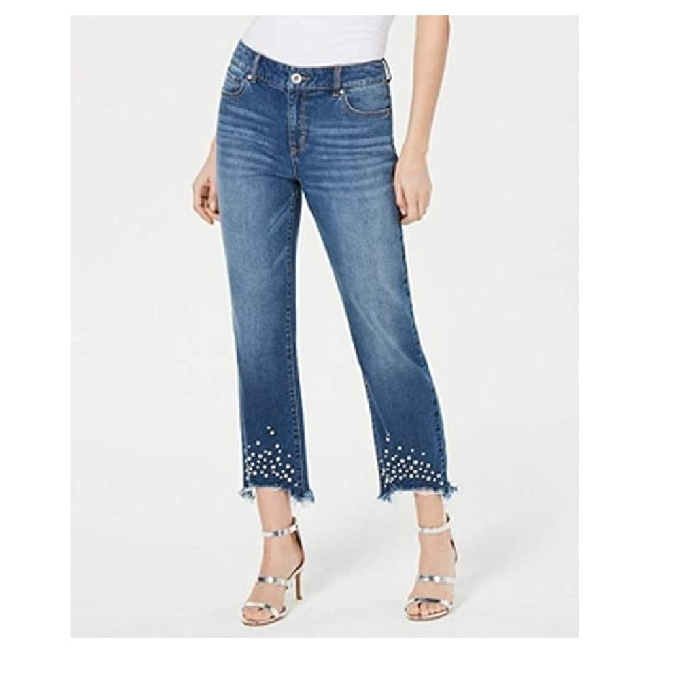 INC International Concepts Women's Faux-Pearl Hem Ankle Jeans Medium Indigo Size 8