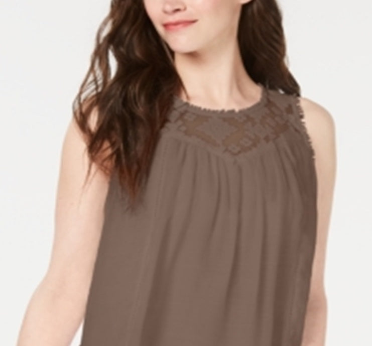 Style & Co Women's Lace Trim Swing Shell Brown Size Large