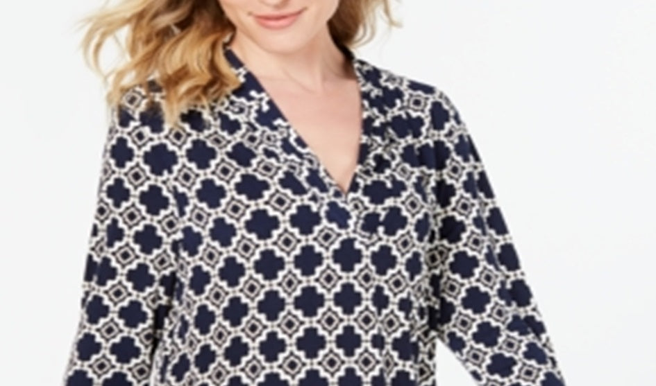 Charter Club Women's Printed Pleat Shoulder Top Blue Size S