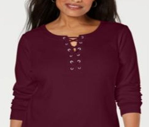 Karen Scott Women's Cotton Lace up Top Red Size Medium