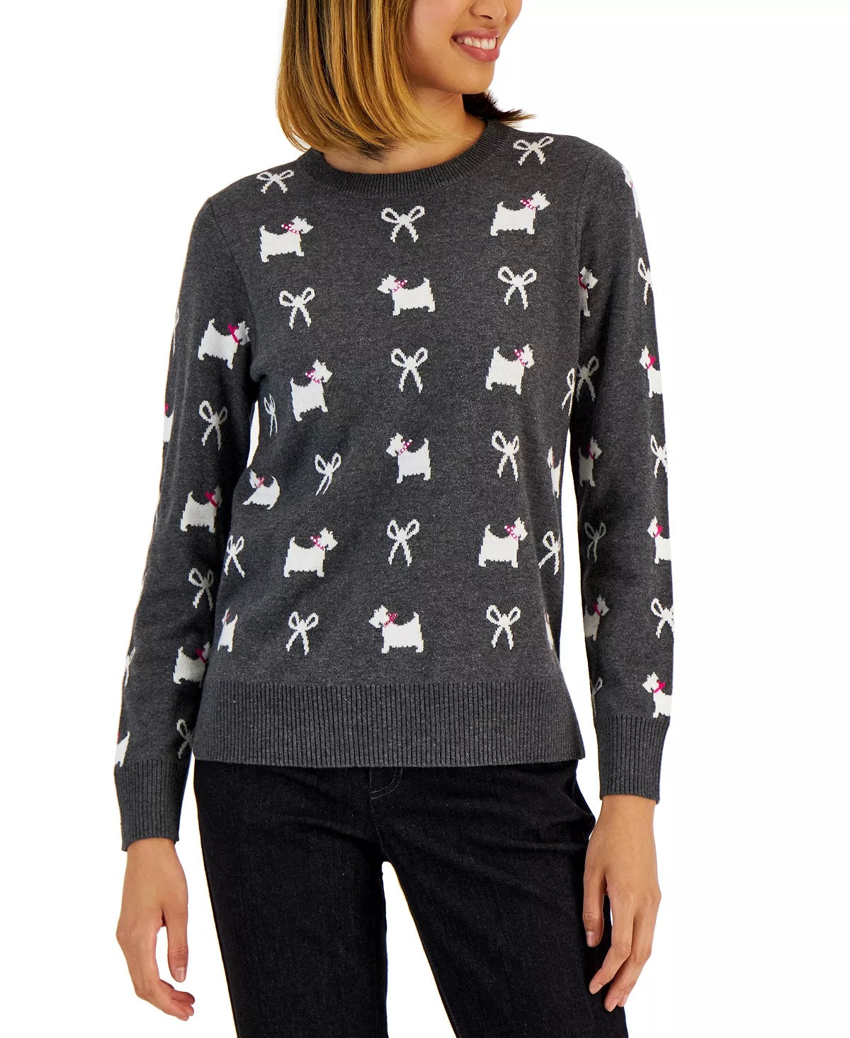 Charter Club Women's Petite Bow-Print Sweater Charcoal Heather Gray Size Petite Small