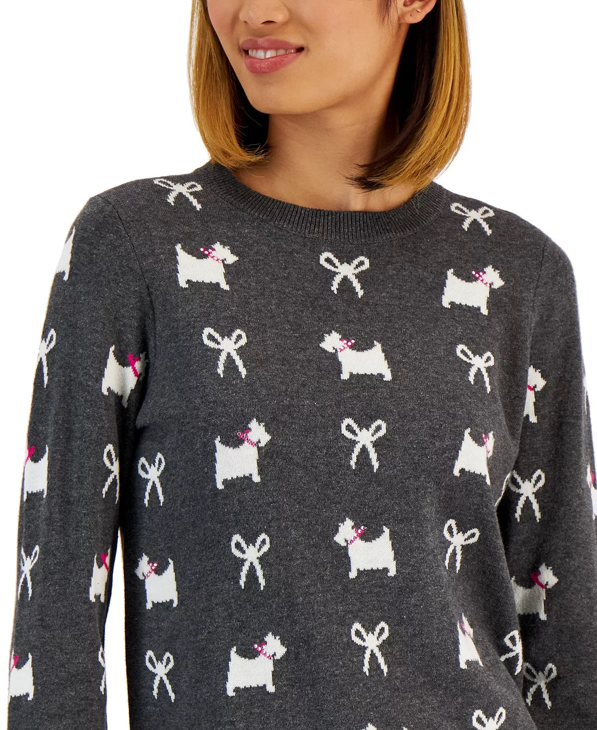 Charter Club Women's Petite Bow-Print Sweater Charcoal Heather Gray Size Petite Small
