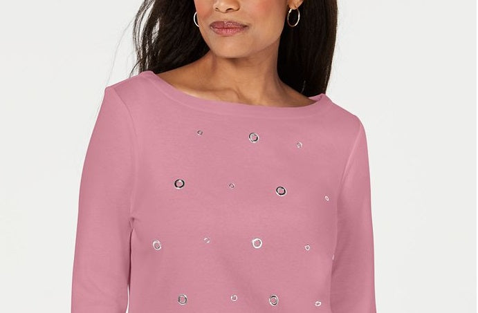 Karen Scott Women's Petite Grommet Cotton 3/4-Sleeve Top Pink Size PXS