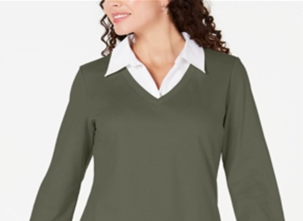 Karen Scott Women's Cotton Layered Look Top Green Size M
