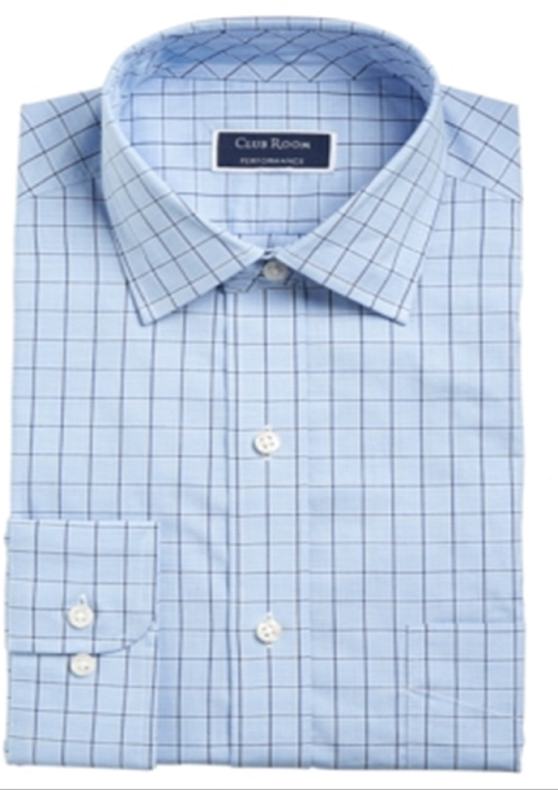 Club Room Men's Windowpane Plaid Point Collar Classic Fit Performance Stretch Dress Shirt Blue 34X35