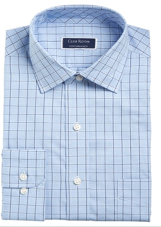 Club Room Men's Windowpane Plaid Point Collar Classic Fit Performance Stretch Dress Shirt Blue 34X35