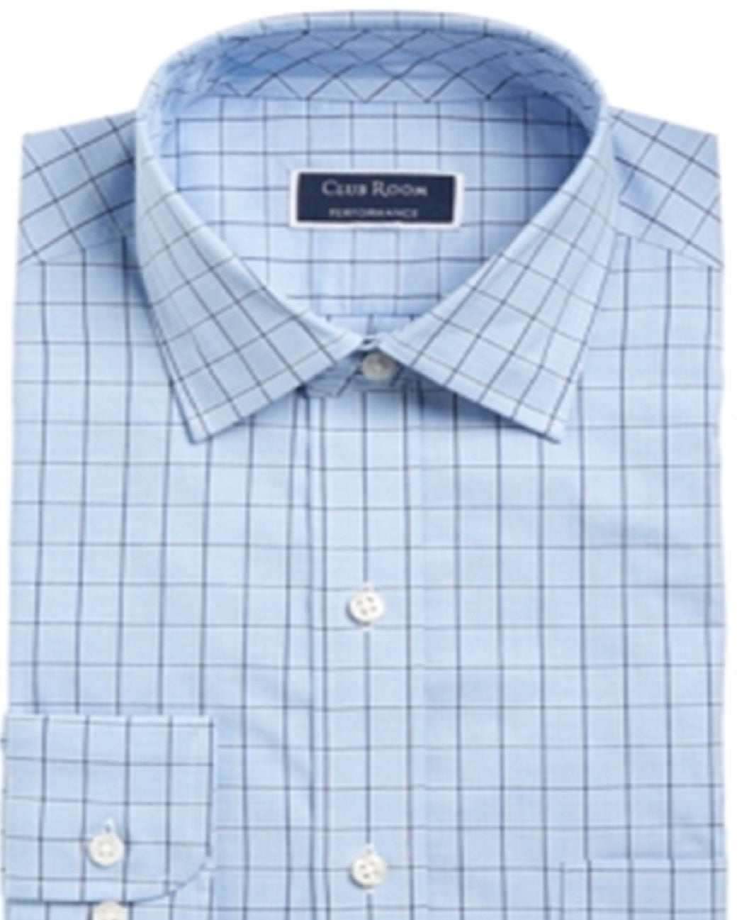 Club Room Men's Windowpane Plaid Point Collar Classic Fit Performance Stretch Dress Shirt Blue 34X35