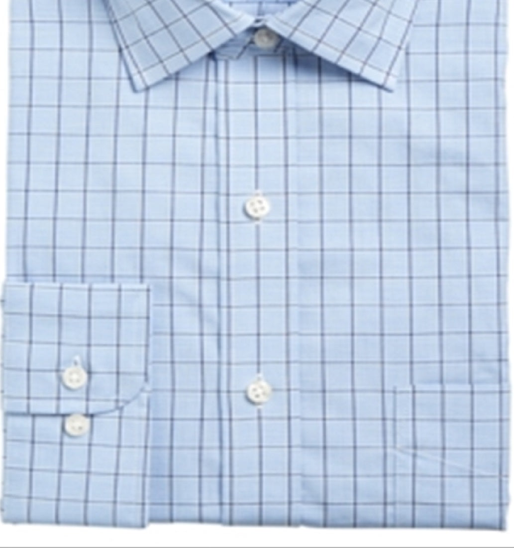 Club Room Men's Windowpane Plaid Point Collar Classic Fit Performance Stretch Dress Shirt Blue 34X35