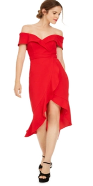 Xscape Women's Short Sleeve Off Shoulder Knee Length Hi Lo Evening Dress Red Size 6