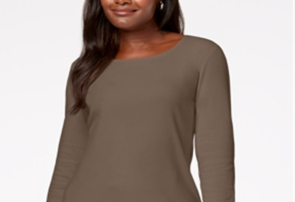 Karen Scott Women's Cotton Scoop Neck Top Brown Size Petite Small