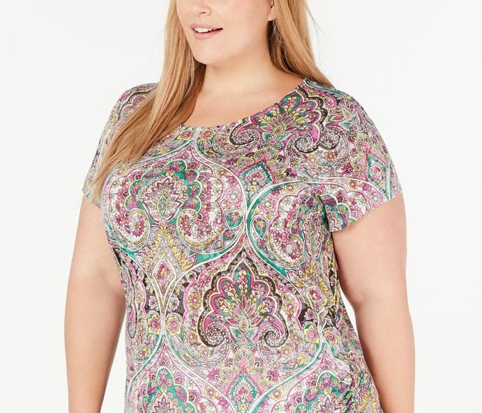 INC International Concepts Women's Printed Ruched Side Opulent Paisley Pink Size 1X
