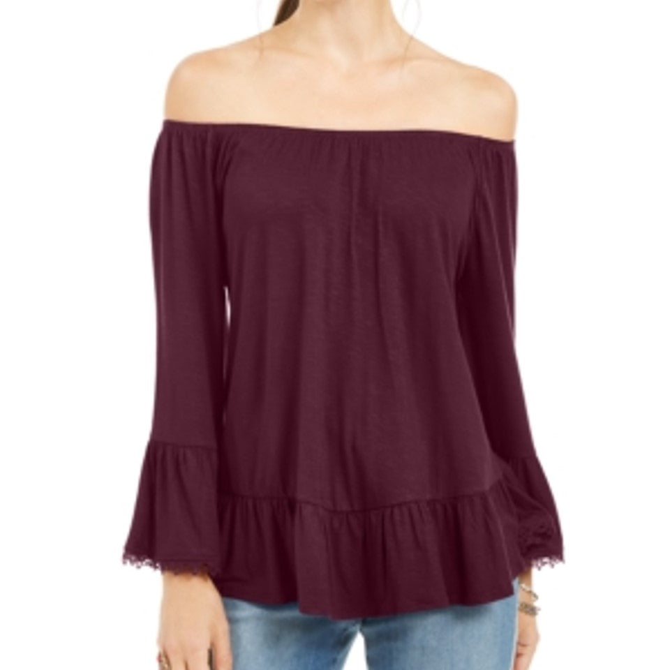 Style & Co Women's Off The Shoulder Bell-Sleeve T-Shirt Maroon Size Medium