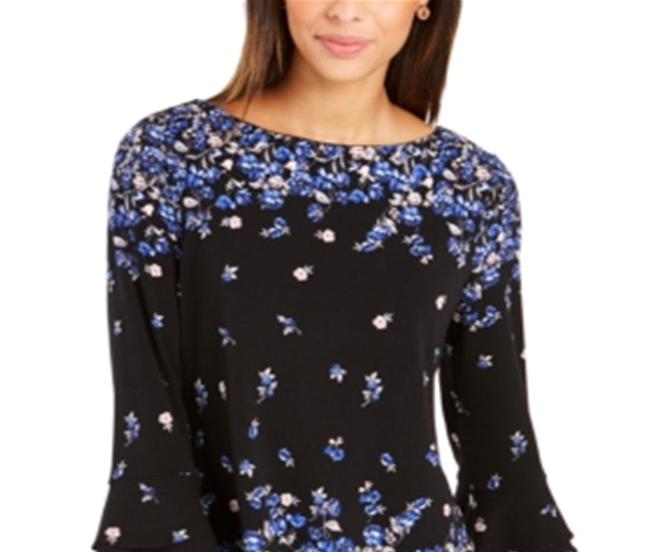 Charter Club Women's Floral Print Bell Sleeve Blouse Blue Size Medium