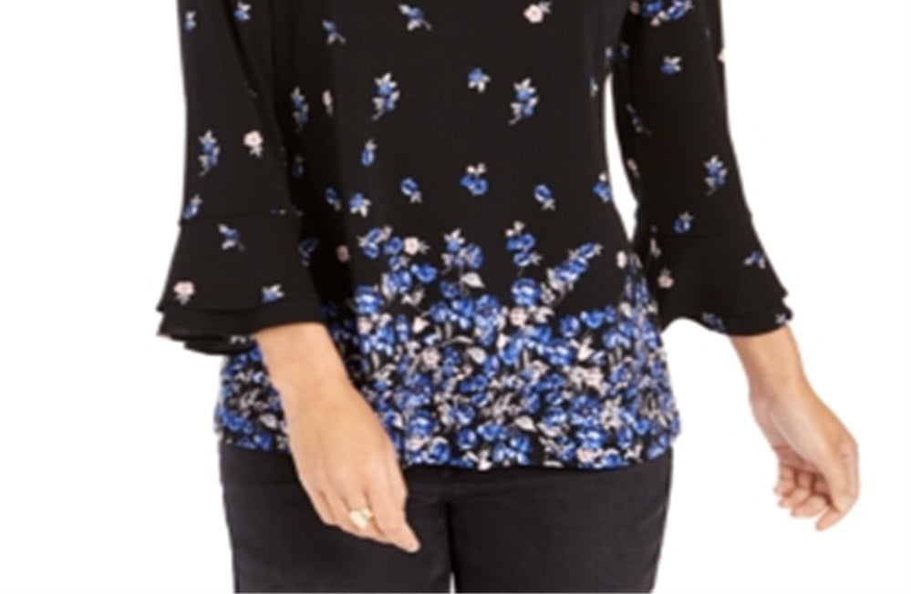 Charter Club Women's Floral Print Bell Sleeve Blouse Blue Size Medium