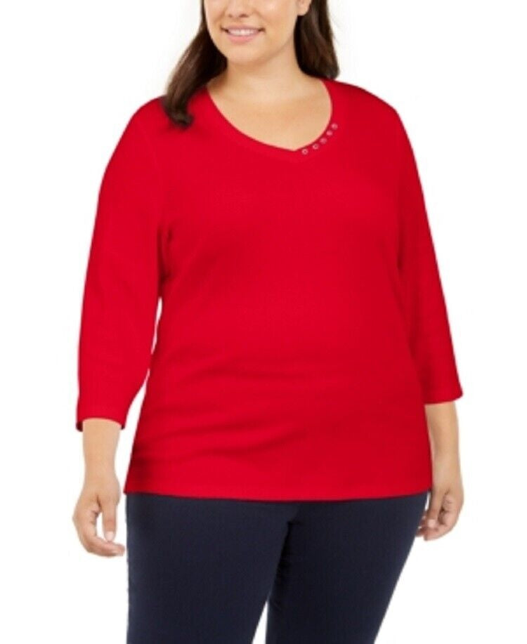 Karen Scott Women's Cotton Button Trim Top Red Size X-Large