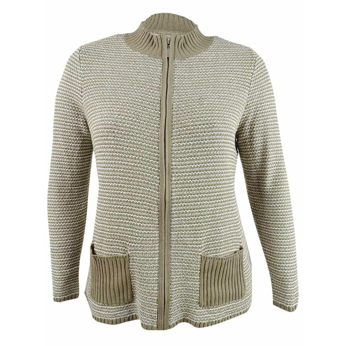 Karen Scott Women's Petite Textured Zip-Front Cardigan Pl Chestnut Combo Size Petite Large