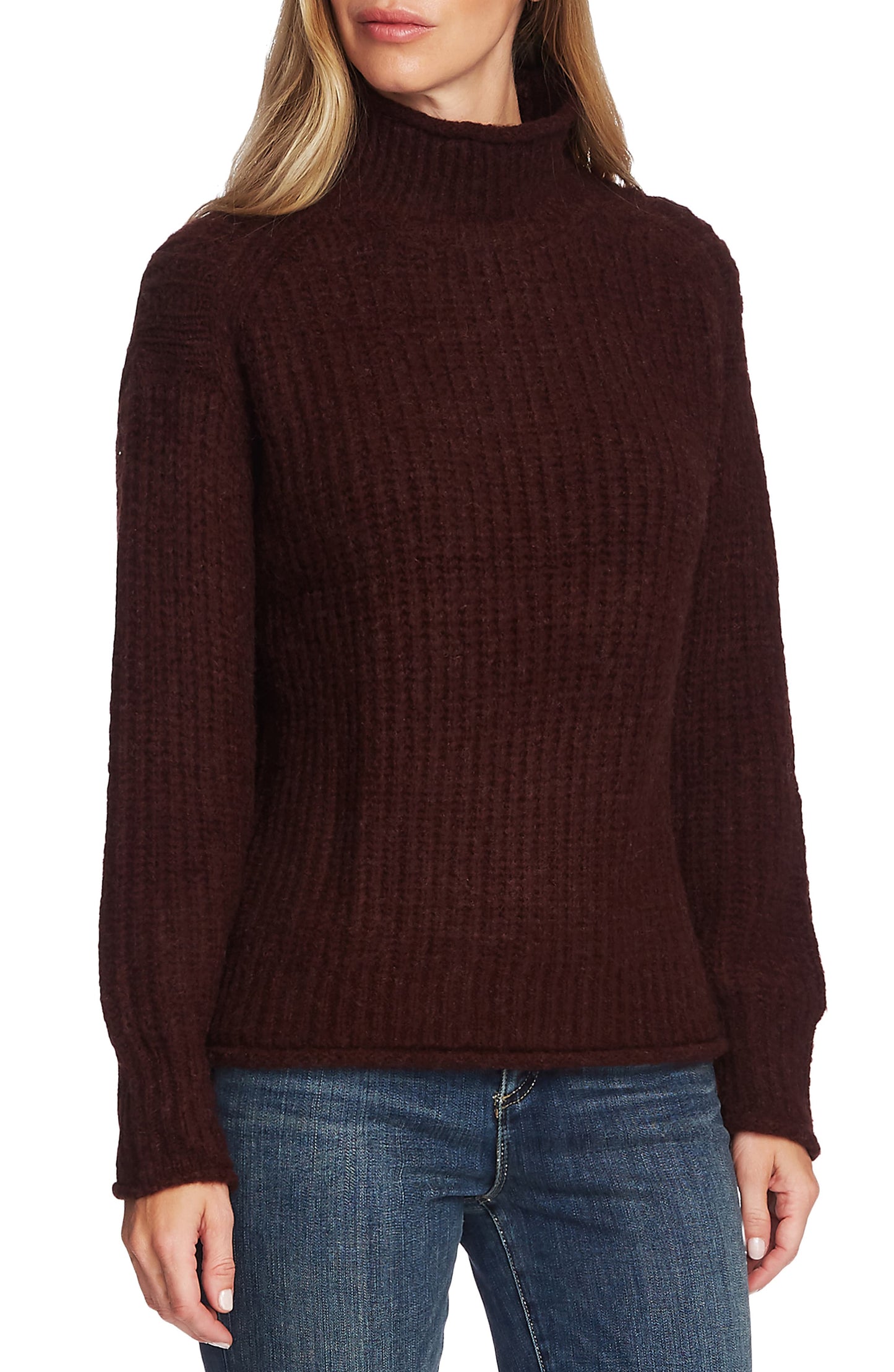 Vince Camuto Long Sleeve Texture Stitch Mock Neck Sweater (Port) Women's Sweater Red Size L