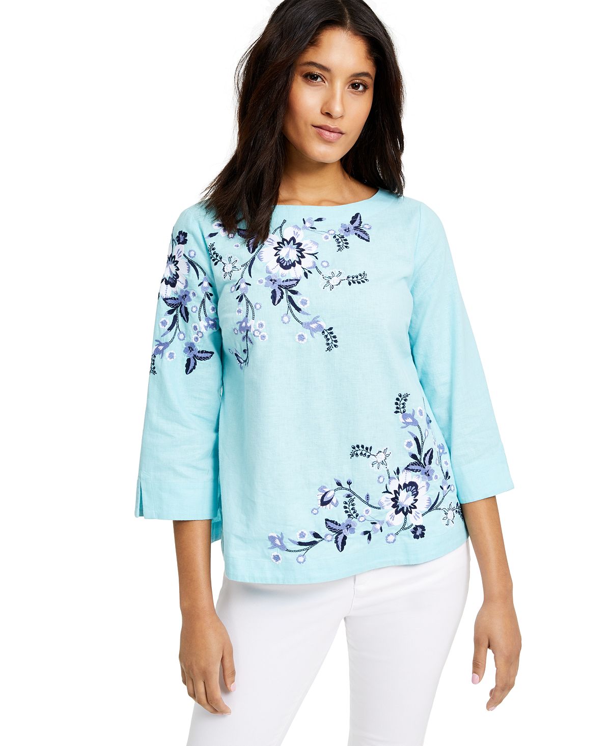 Charter Club Petite Floral-Embroidered Linen-Blend Top Blue Size Petite L