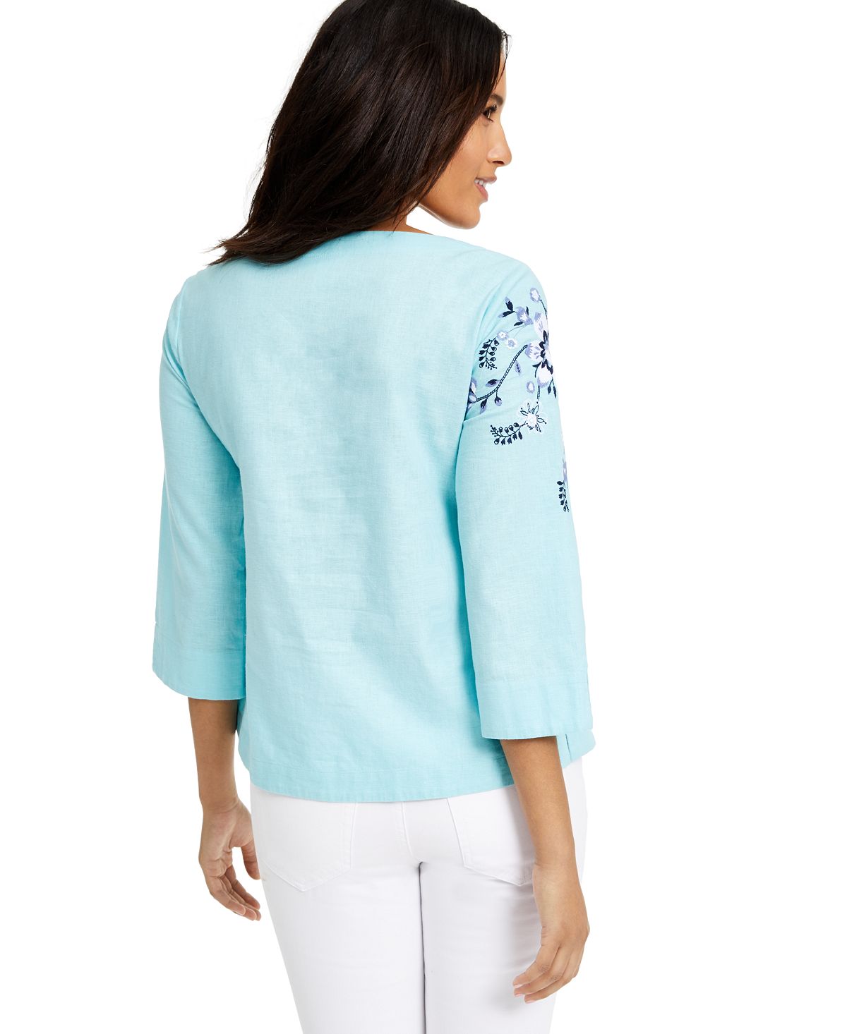 Charter Club Petite Floral-Embroidered Linen-Blend Top Blue Size Petite L