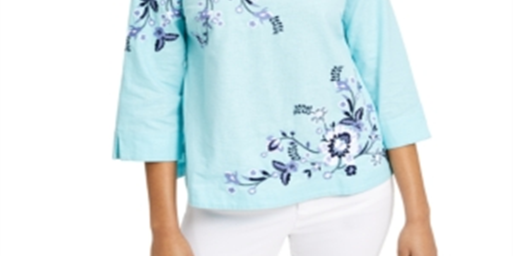 Charter Club Petite Floral-Embroidered Linen-Blend Top Blue Size Petite L