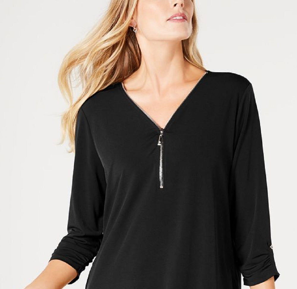 JM Collection Women's Zipper Trim Top Black Size Petite