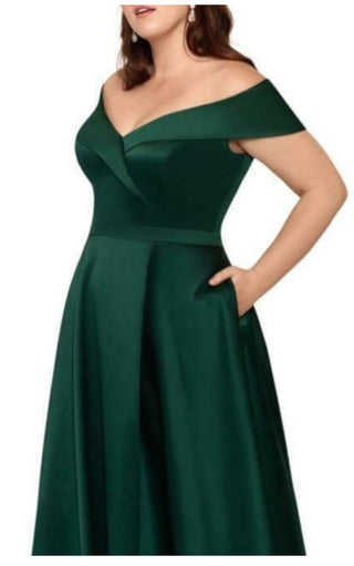 Xscape Women's Satin Zippered Off Shoulder Full Length Formal Fit Flare Dress Green Size 16W