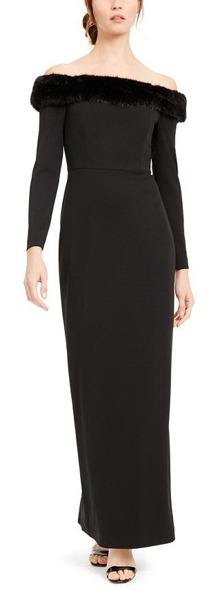 Calvin Klein Women's Long Sleeve Off Shoulder Maxi Sheath Evening Dress Black Size 12