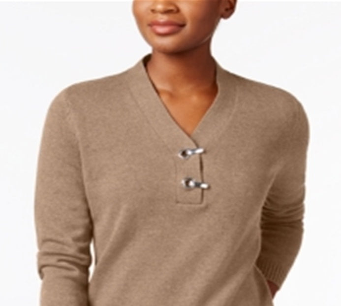 Karen Scott Women's Hardware V Neck Cotton Sweater Brown Size Large