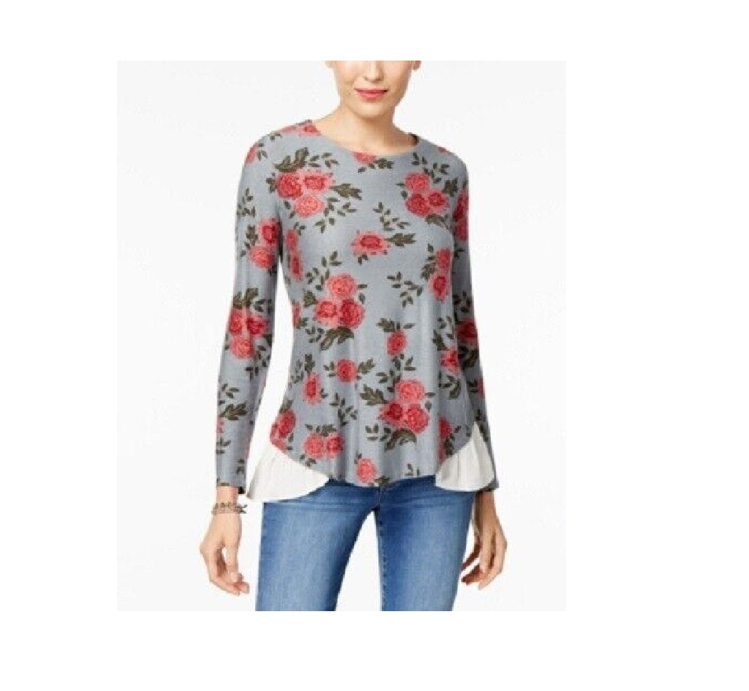 Style & Co Women's Floral-Print Layered-Look Top  Wall Flowers Gray Size Small