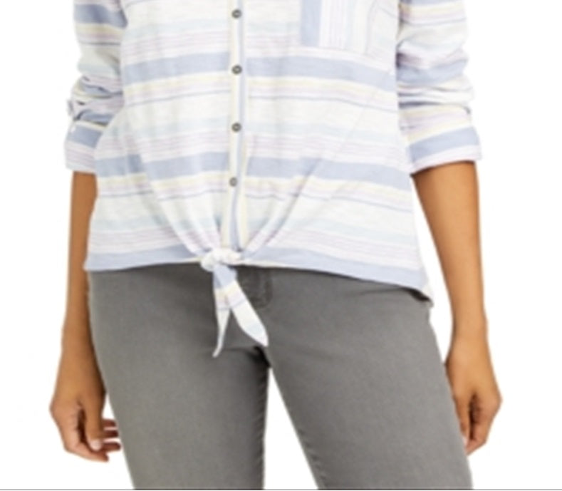 Style & Co Women's Cotton Striped Tie Front Shirt White Size Petite L