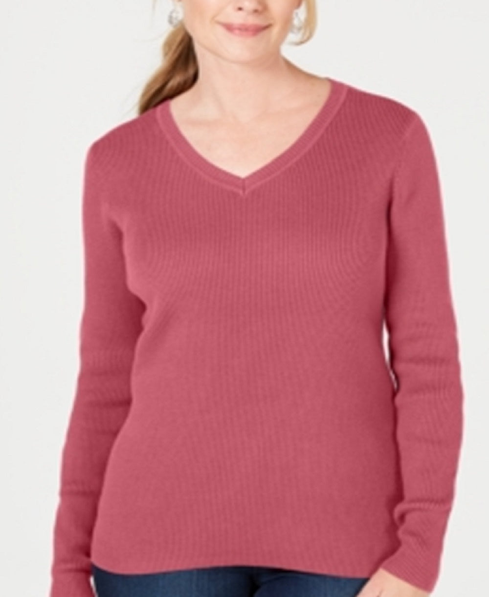 Karen Scott Women's Cotton V Neck Sweater Pink Size X-Large