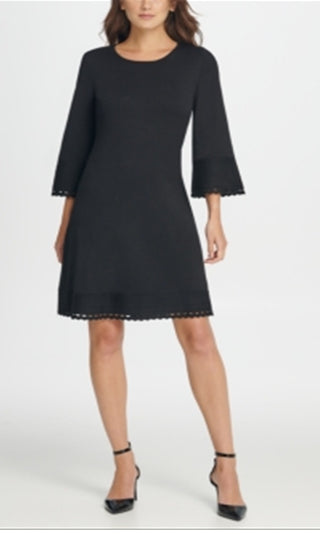 DKNY Women's Bell Sleeve Jewel Neck Short Shift Dress Black Size L