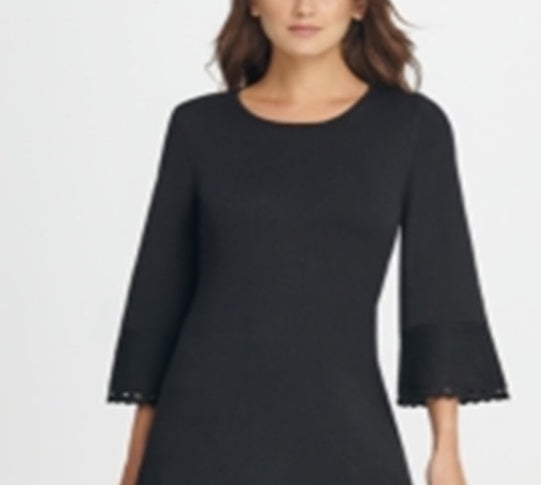 DKNY Women's Bell Sleeve Jewel Neck Short Shift Dress Black Size L