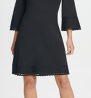 DKNY Women's Bell Sleeve Jewel Neck Short Shift Dress Black Size L