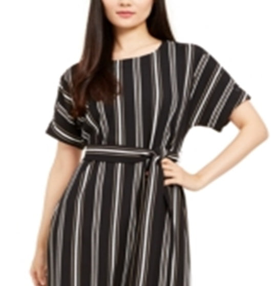 Alfani Women's Striped Short Sleeve Jewel Neck Knee Length Fit Flare Dress Black Size Large