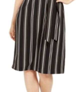 Alfani Women's Striped Short Sleeve Jewel Neck Knee Length Fit Flare Dress Black Size Large