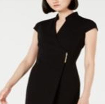 Calvin Klein Women's Short Sleeve V Neck Above the Knee Sheath Wear to Work Dress Black Size 12Petite