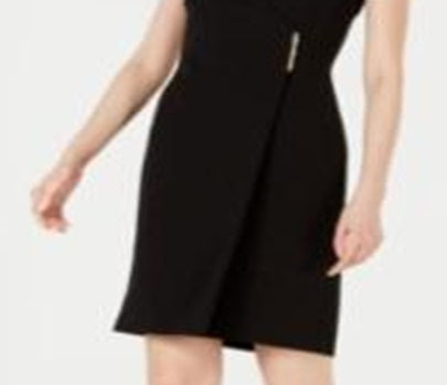 Calvin Klein Women's Short Sleeve V Neck Above the Knee Sheath Wear to Work Dress Black Size 12Petite