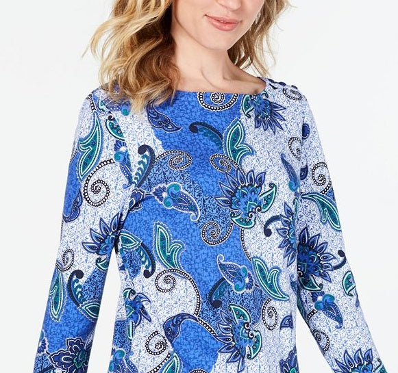 Charter Club Women's Printed Cotton 3/4 Sleeve Top Blue Size L