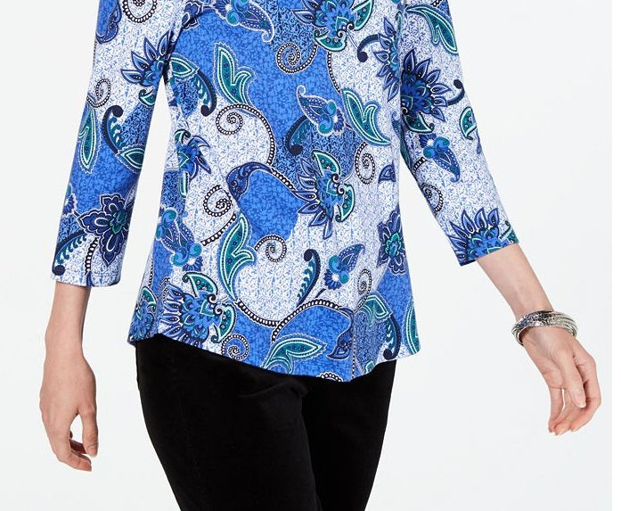Charter Club Women's Printed Cotton 3/4 Sleeve Top Blue Size L