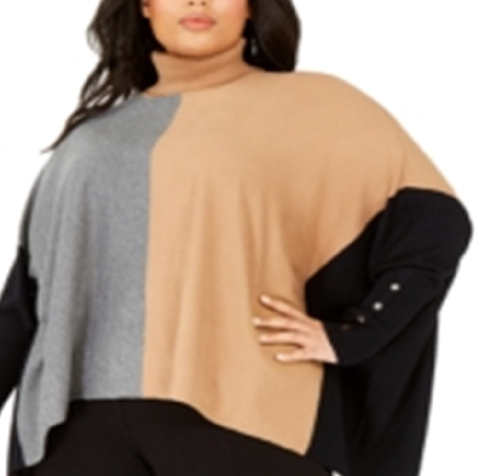 Alfani Women's Turtleneck Colorblock Poncho Sweater Brown Size 3X