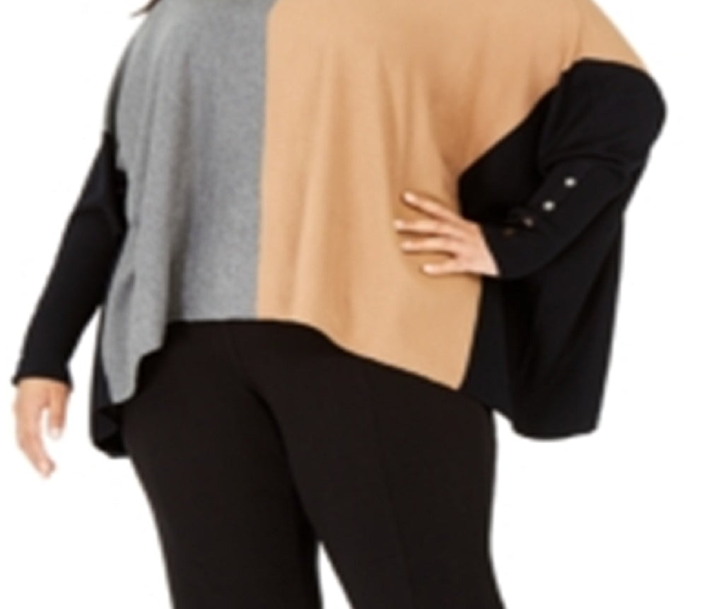 Alfani Women's Turtleneck Colorblock Poncho Sweater Brown Size 3X