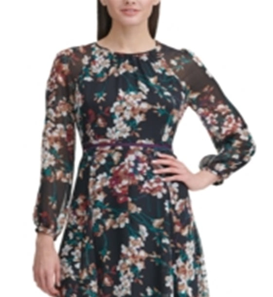 Tommy Hilfiger Women's Long Sleeve Floral Print Chiffon Shift Dress Black Size 8P