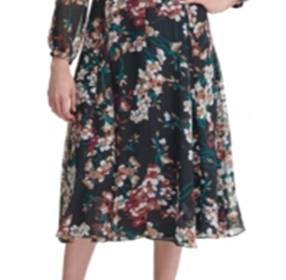 Tommy Hilfiger Women's Long Sleeve Floral Print Chiffon Shift Dress Black Size 8P