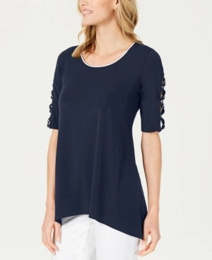 JM Collection Women's Braided Sleeve Tunic Blue Size Petite S