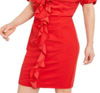 INC Women's Ruffled Ruched Dolman Sleeve V Neck Short Evening Body Con Dress Red Size 2XL