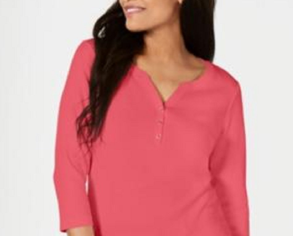 Karen Scott Women's Cotton Henley Top Orange Size X-Small