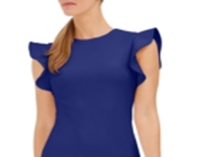 Calvin Klein Women's Flutter Sleeve Crew Neck Short Formal Body Con Dress Blue Size 8