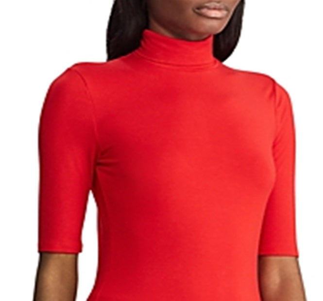 Ralph Lauren Women's Willa Jersey Elbow Sleeve Turtleneck Top Red Size Medium